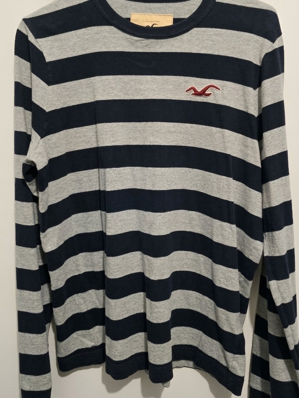 Hollister Navy and Gray Striped Long Sleeve Crew Shirt with Red Logo